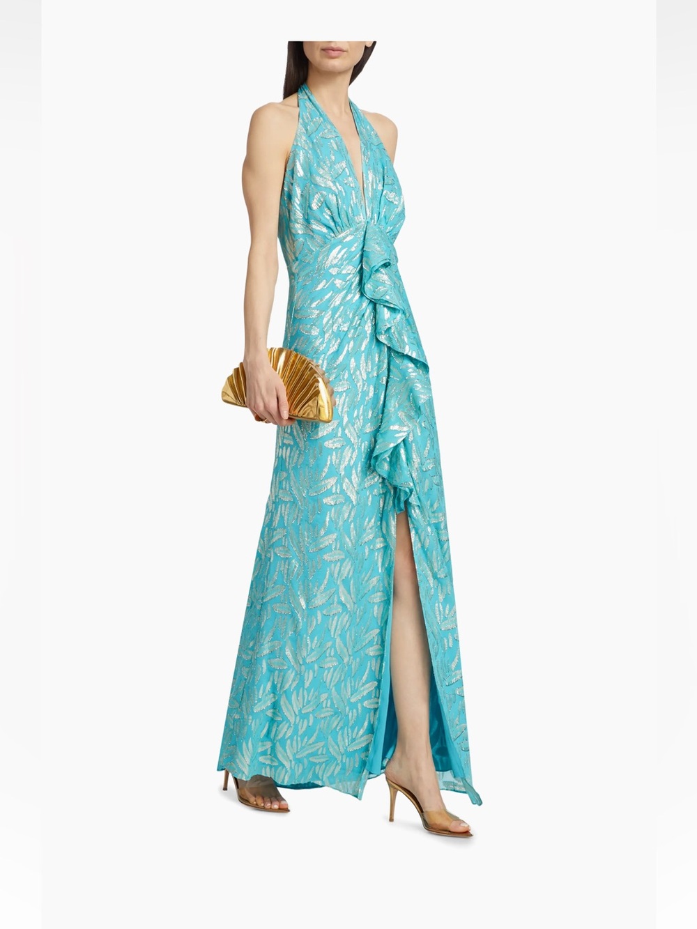 Ramy Brook Leola Ruffled Metallic Silk Gown Isola Blue Multi